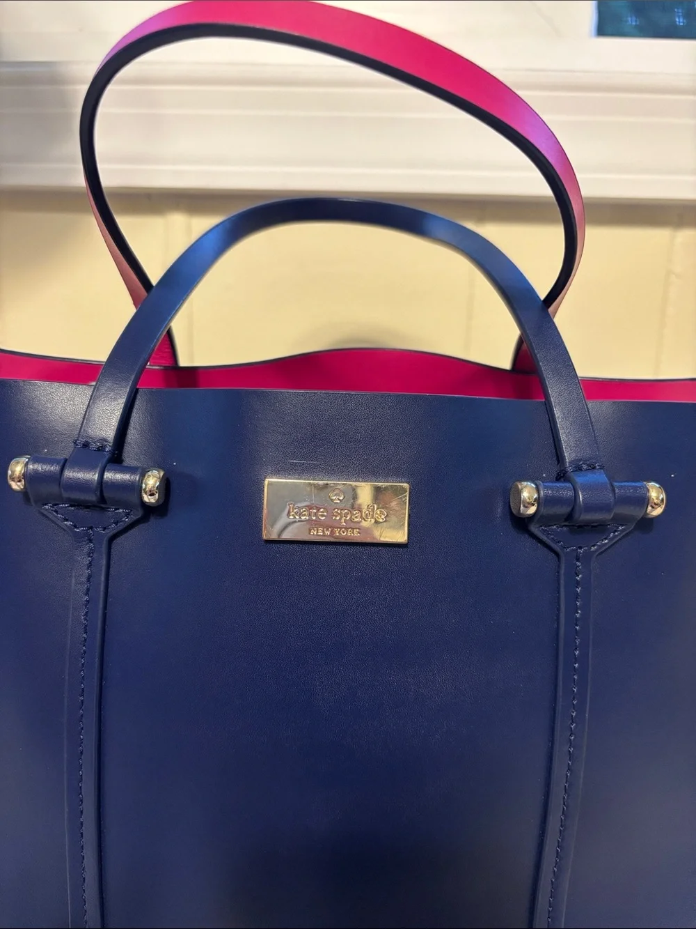 EUC Kate Spade Arbour Hill Small Elodie Leather Satchel Tote Navy Fuchsia